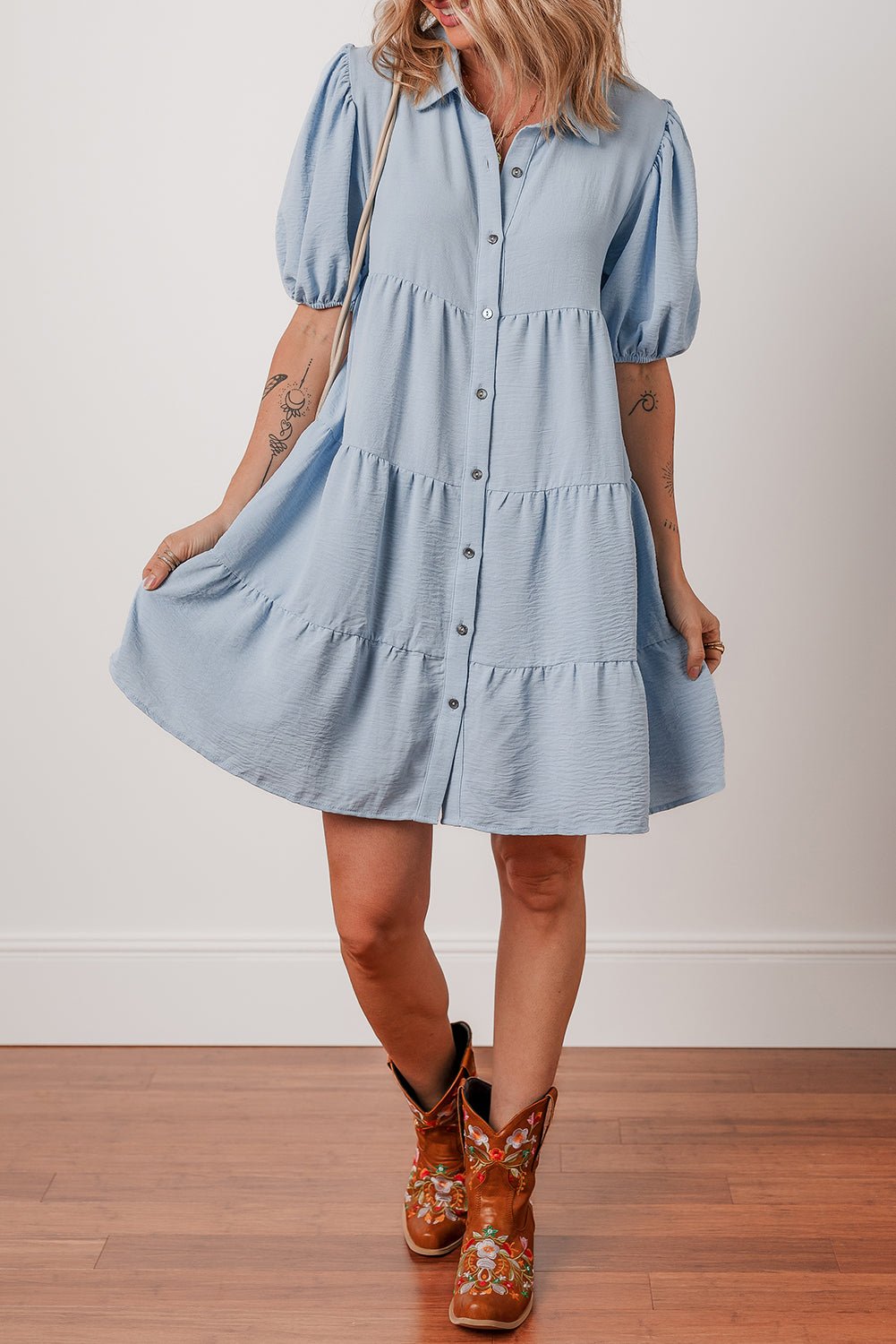 Beau Blue Shirt Collar Button Up Short Puff Sleeve Tiered Shift Dress - MAD RUFFI