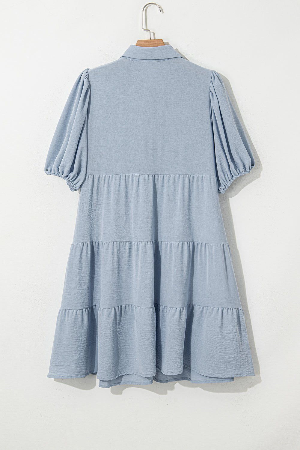 Beau Blue Shirt Collar Button Up Short Puff Sleeve Tiered Shift Dress - MAD RUFFI