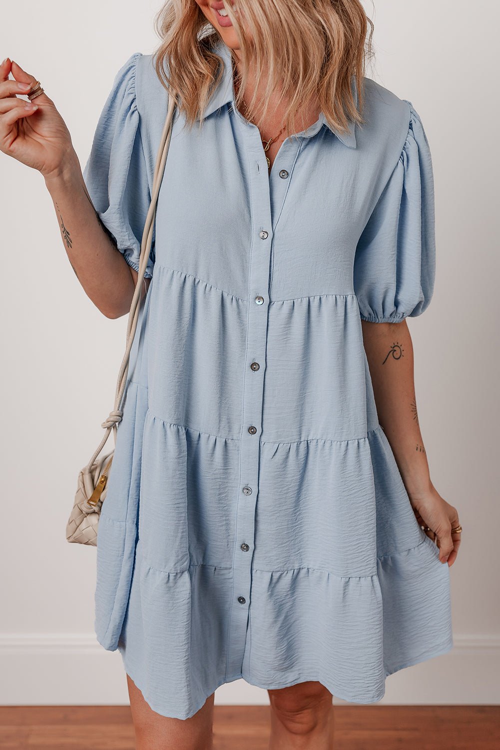 Beau Blue Shirt Collar Button Up Short Puff Sleeve Tiered Shift Dress - MAD RUFFI