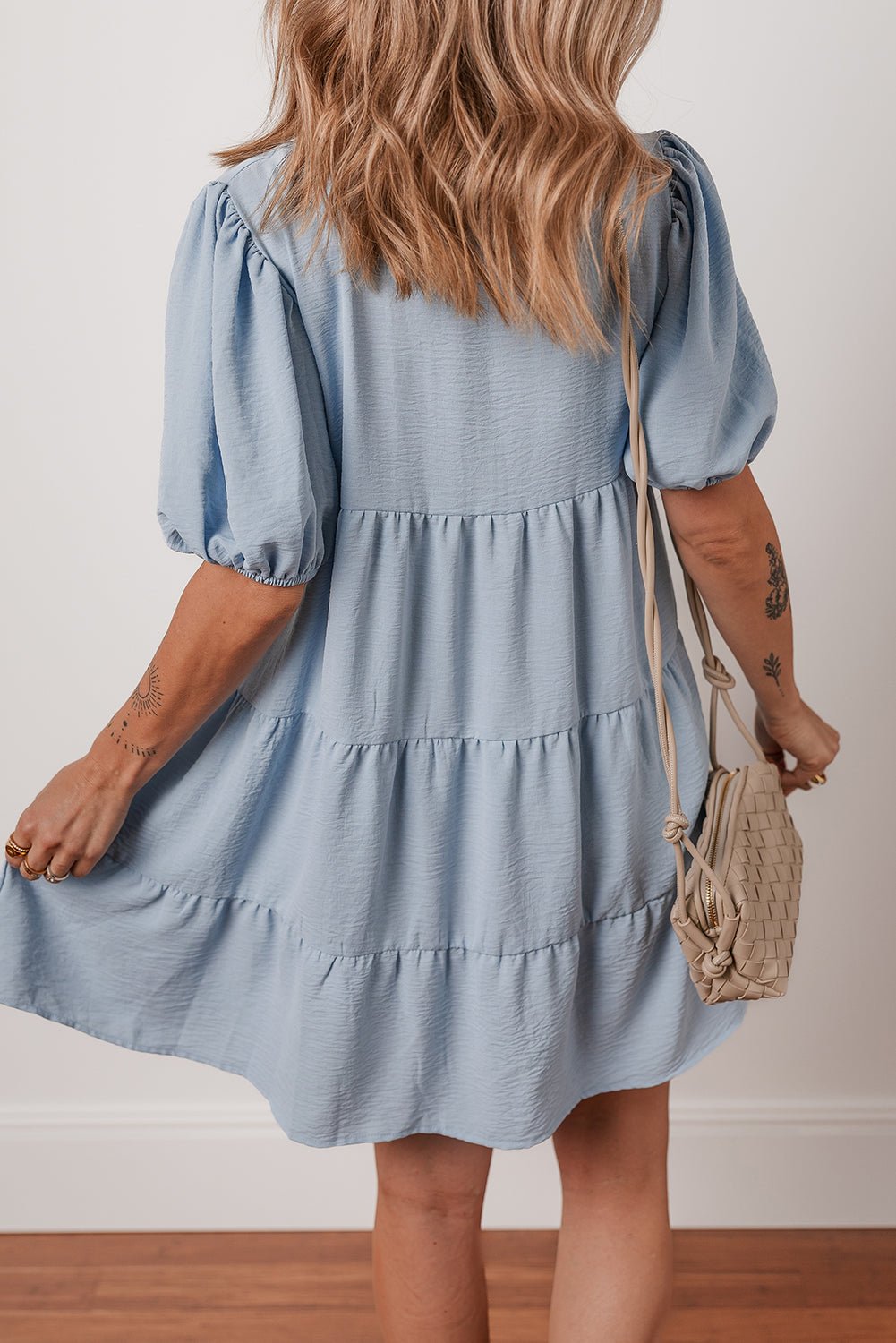 Beau Blue Shirt Collar Button Up Short Puff Sleeve Tiered Shift Dress - MAD RUFFI