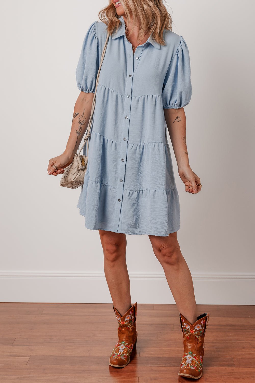 Beau Blue Shirt Collar Button Up Short Puff Sleeve Tiered Shift Dress - MAD RUFFI