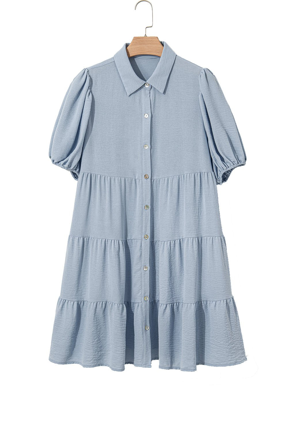 Beau Blue Shirt Collar Button Up Short Puff Sleeve Tiered Shift Dress - MAD RUFFI