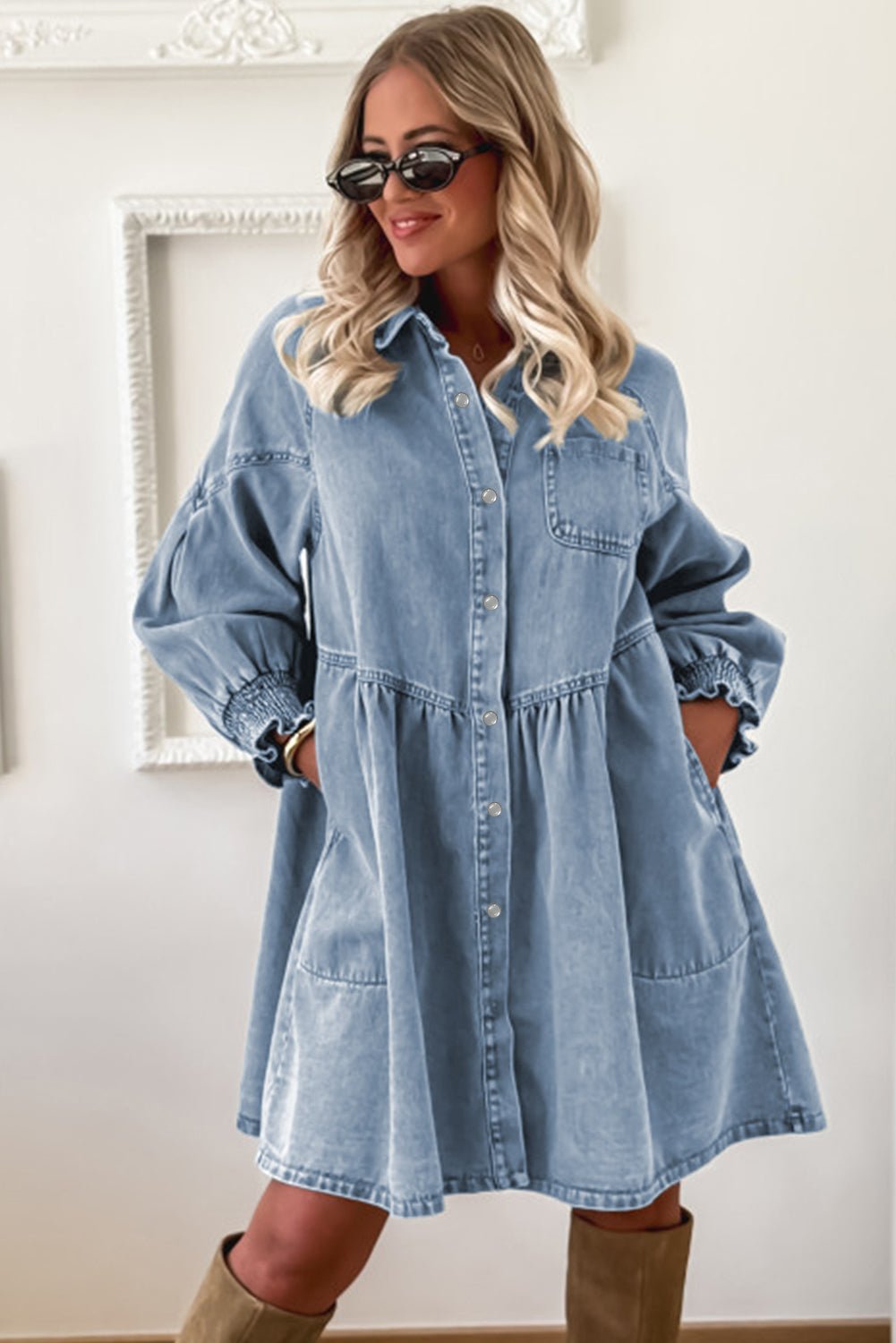 Beau Blue Smocked Cuffs Flared Denim Shirt Mini Dress - MAD RUFFI