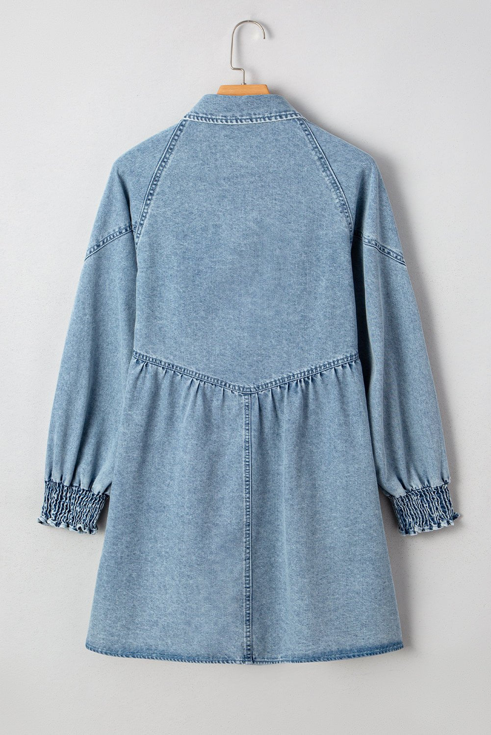 Beau Blue Smocked Cuffs Flared Denim Shirt Mini Dress - MAD RUFFI