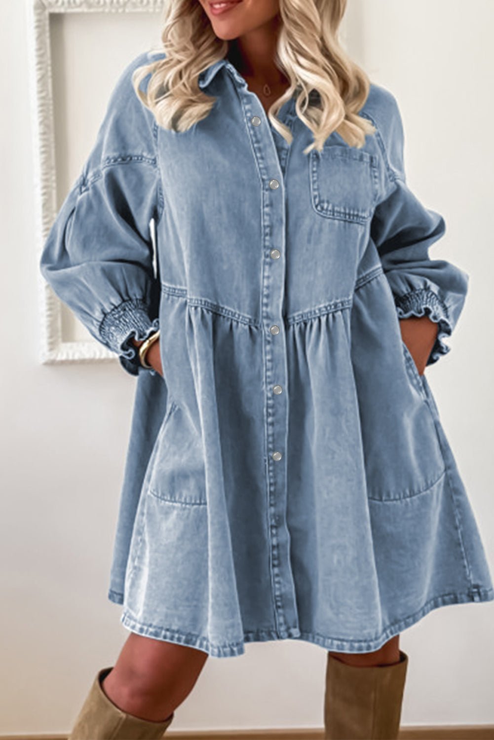 Beau Blue Smocked Cuffs Flared Denim Shirt Mini Dress - MAD RUFFI