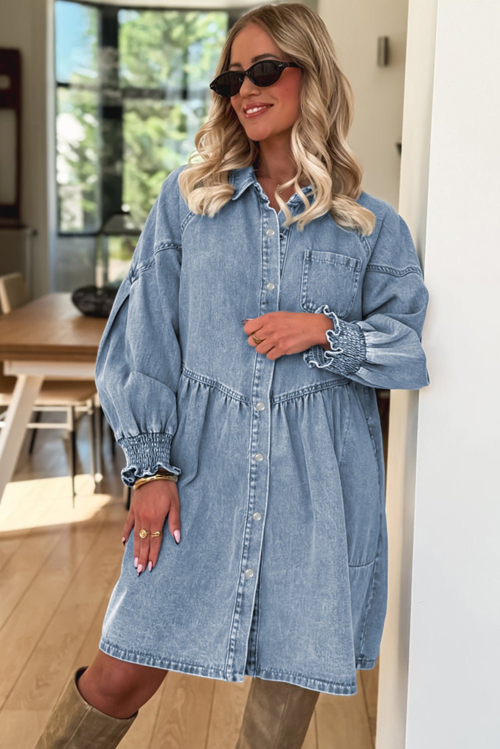 Beau Blue Smocked Cuffs Flared Denim Shirt Mini Dress - MAD RUFFI