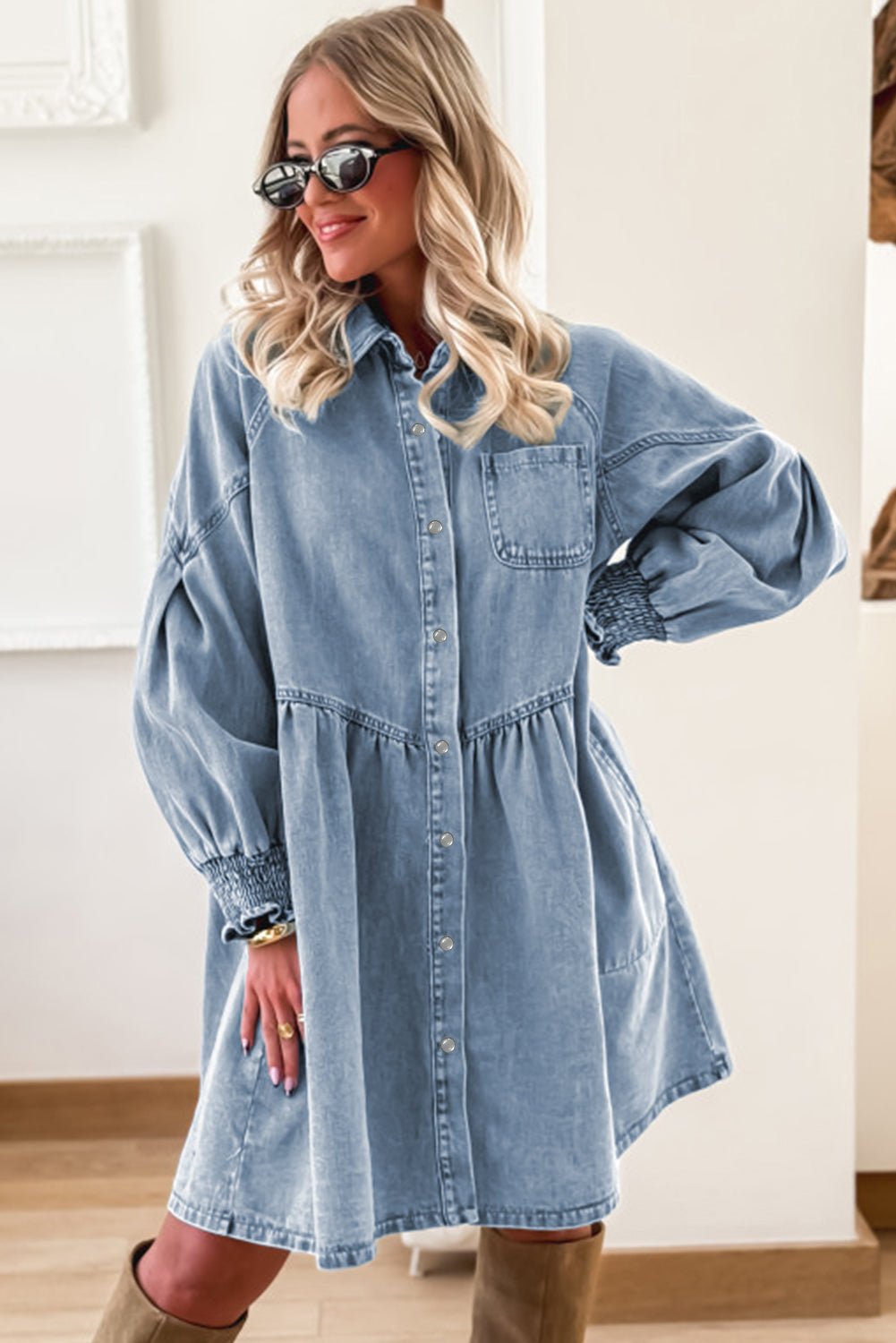 Beau Blue Smocked Cuffs Flared Denim Shirt Mini Dress - MAD RUFFI