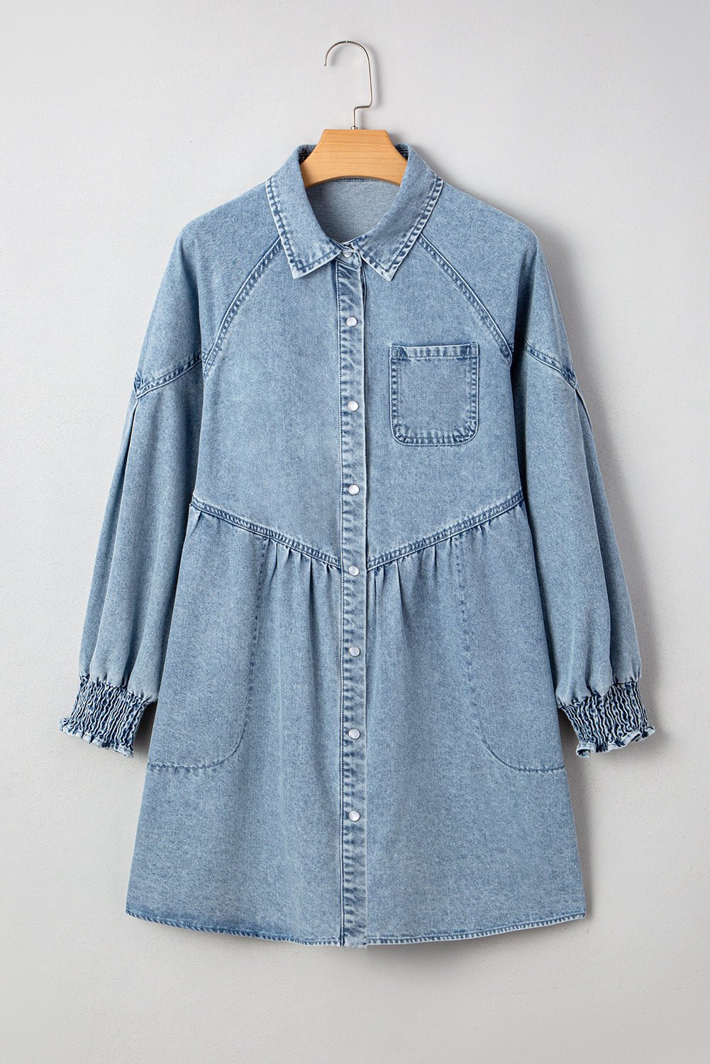 Beau Blue Smocked Cuffs Flared Denim Shirt Mini Dress - MAD RUFFI