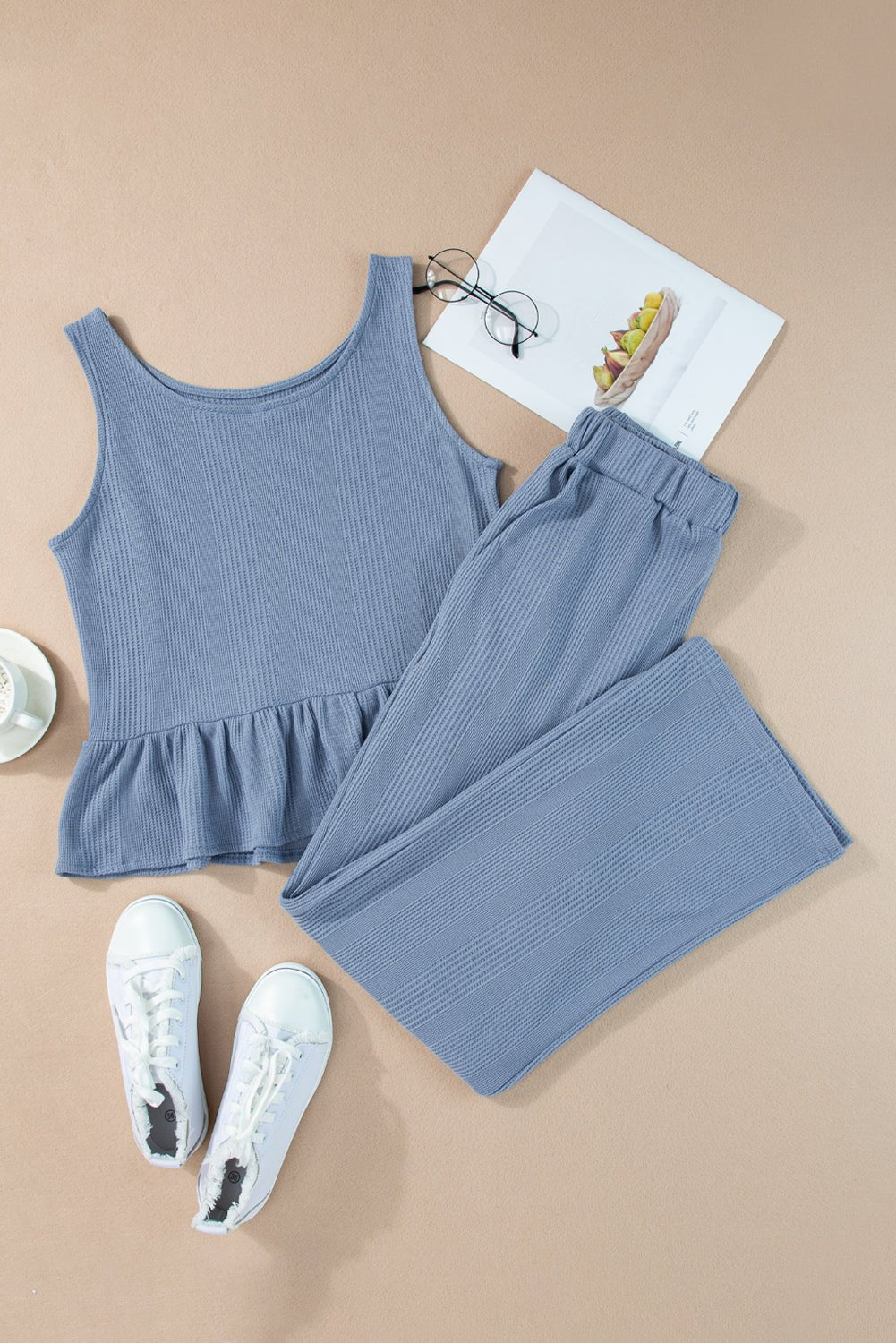 Beau Blue Solid Color Ribbed Ruffle Tank Top and Pants Set - MAD RUFFI