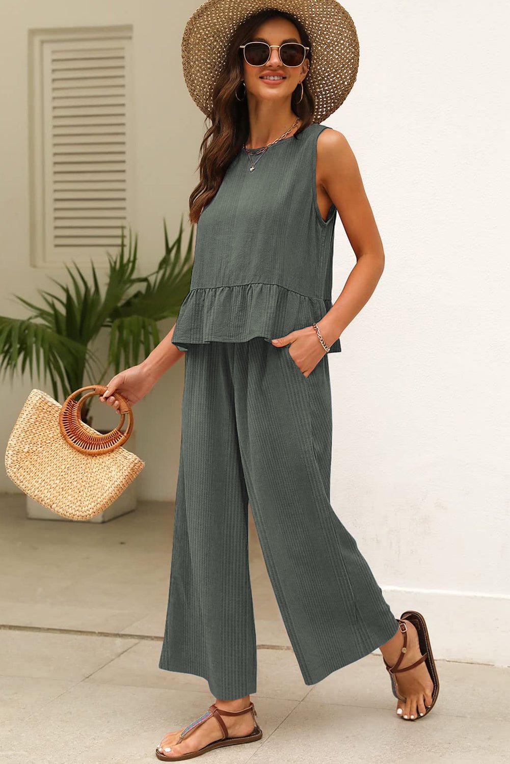 Beau Blue Solid Color Ribbed Ruffle Tank Top and Pants Set - MAD RUFFI