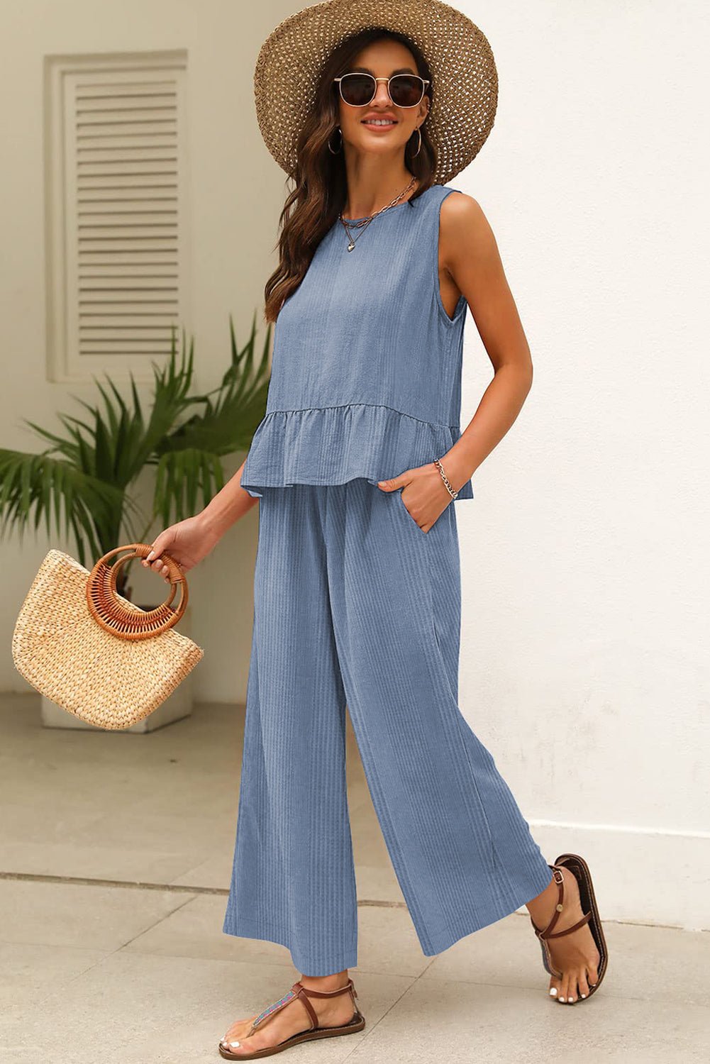 Beau Blue Solid Color Ribbed Ruffle Tank Top and Pants Set - MAD RUFFI