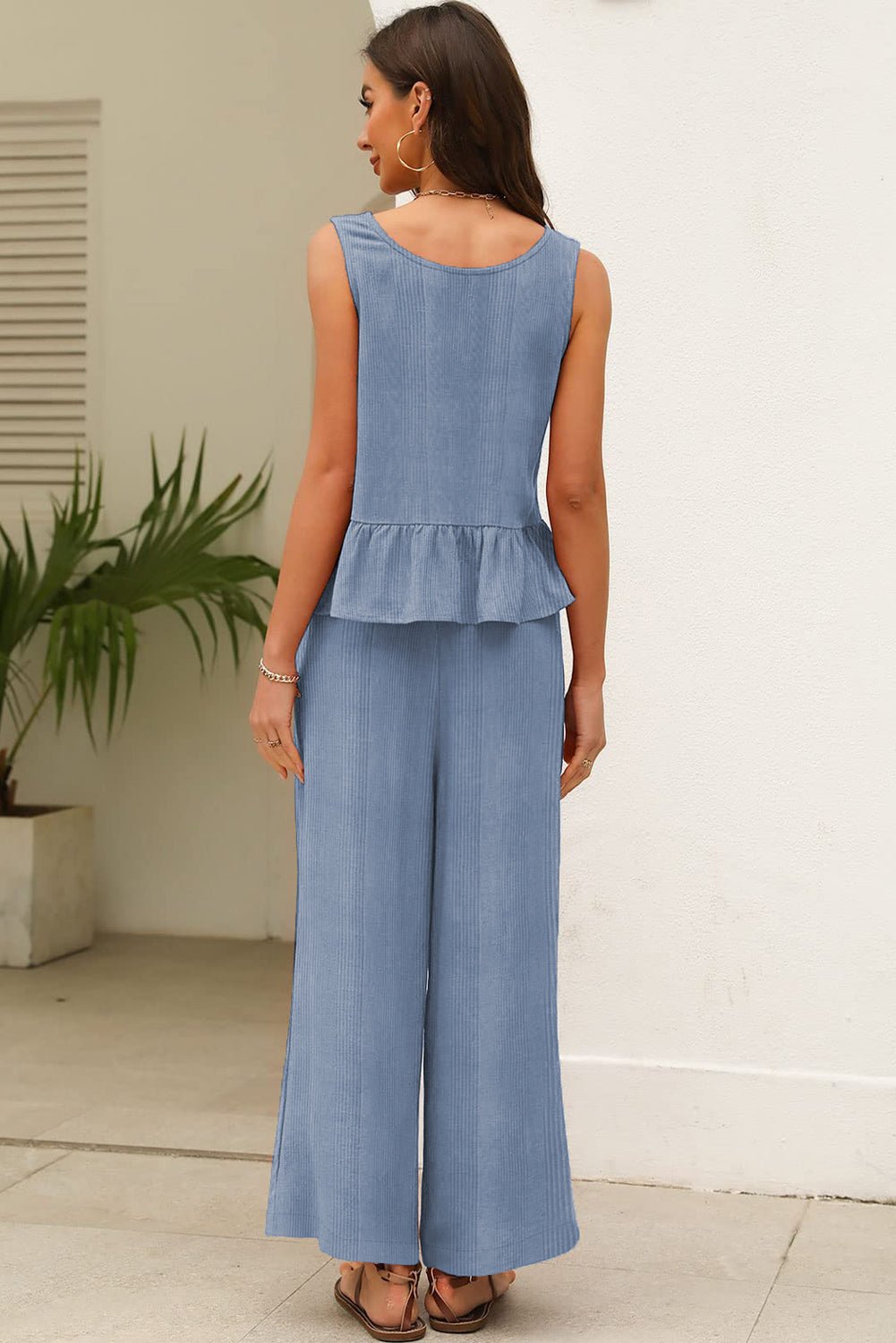 Beau Blue Solid Color Ribbed Ruffle Tank Top and Pants Set - MAD RUFFI