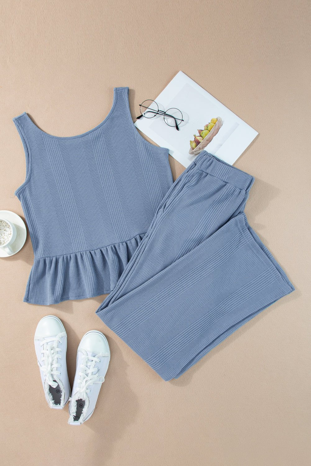 Beau Blue Solid Color Ribbed Ruffle Tank Top and Pants Set - MAD RUFFI