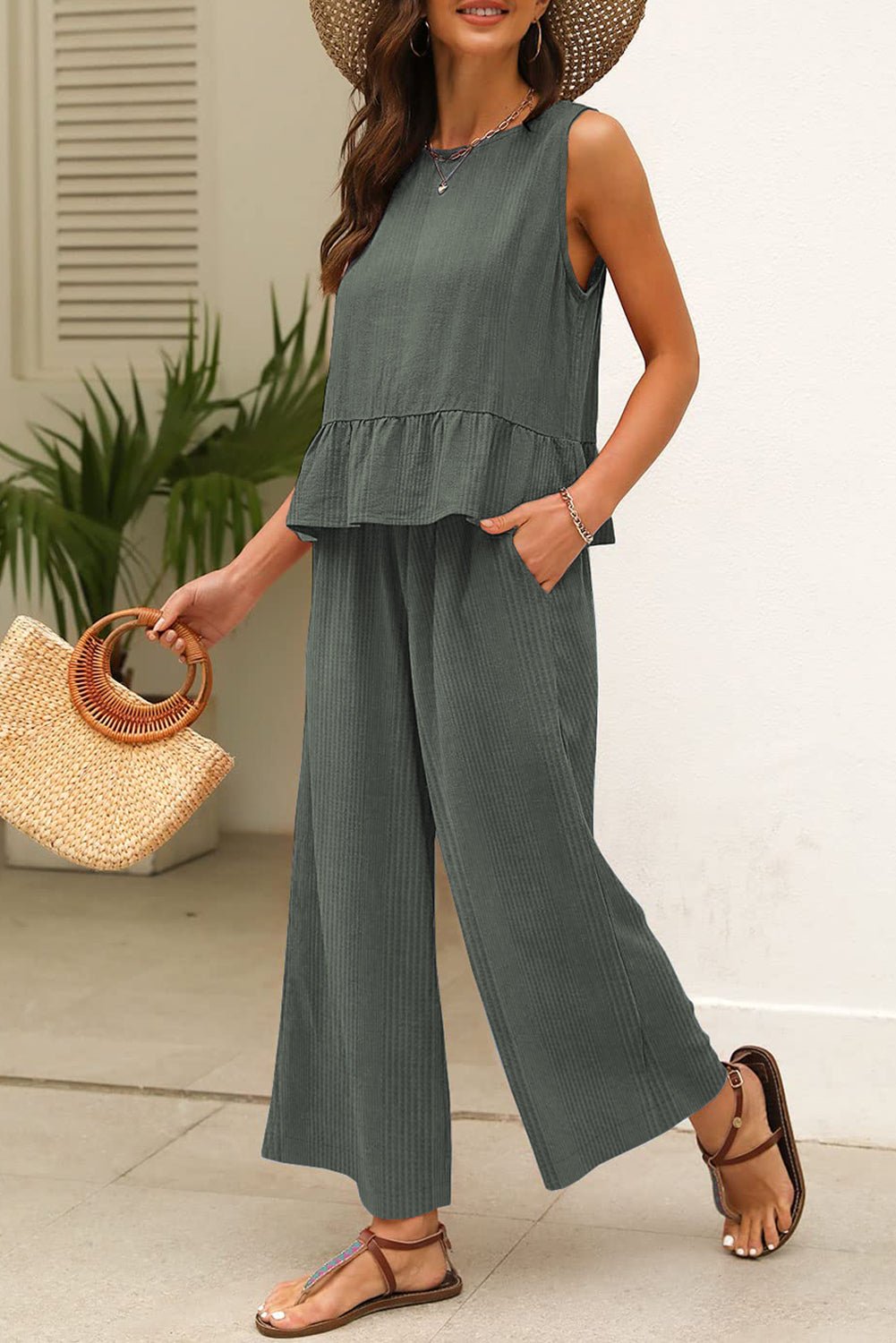 Beau Blue Solid Color Ribbed Ruffle Tank Top and Pants Set - MAD RUFFI