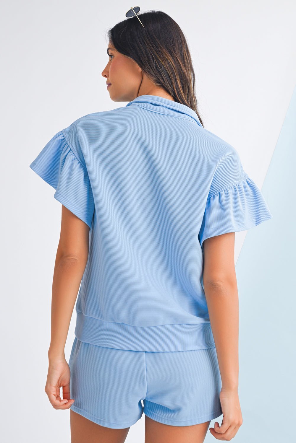 Beau Blue Solid Ribbed Short Sleeve Tee and Shorts Set - MAD RUFFI