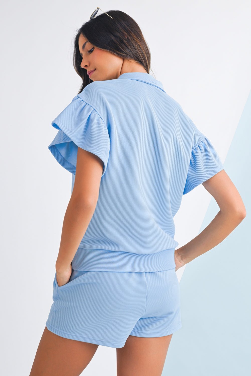 Beau Blue Solid Ribbed Short Sleeve Tee and Shorts Set - MAD RUFFI