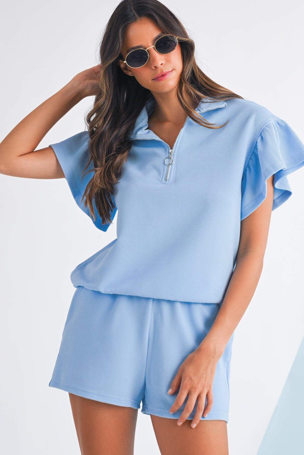 Beau Blue Solid Ribbed Short Sleeve Tee and Shorts Set - MAD RUFFI