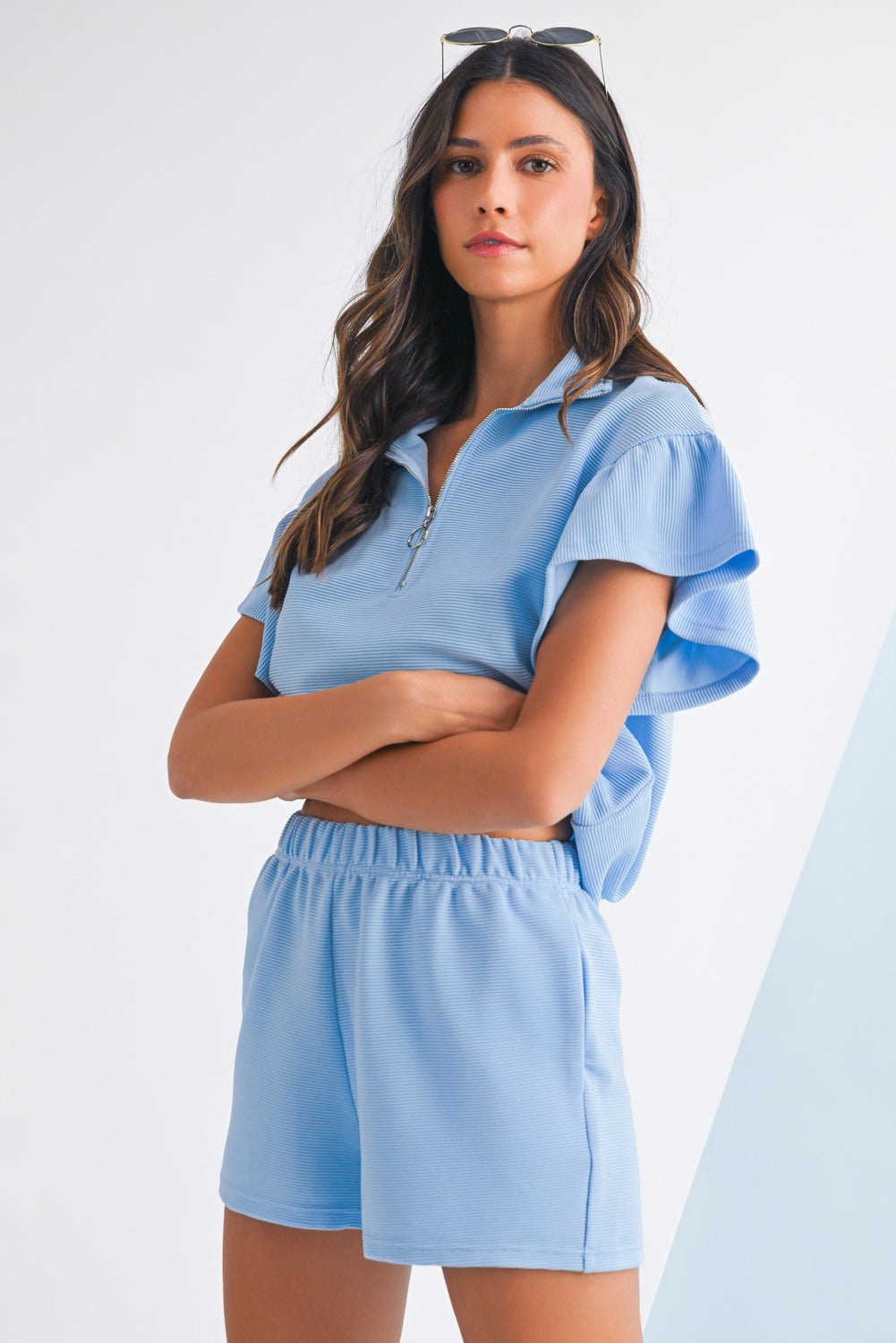 Beau Blue Solid Ribbed Short Sleeve Tee and Shorts Set - MAD RUFFI