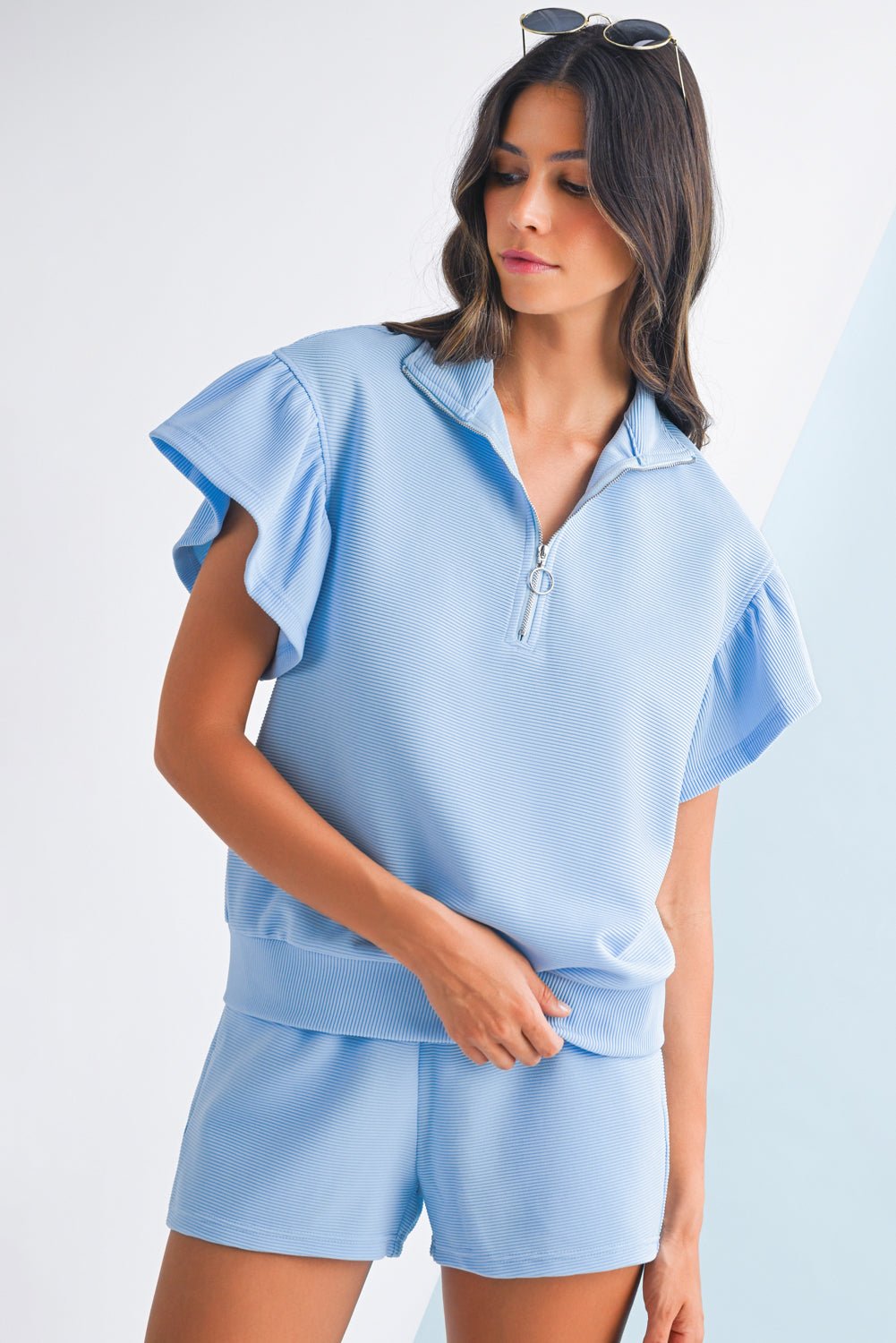 Beau Blue Solid Ribbed Short Sleeve Tee and Shorts Set - MAD RUFFI