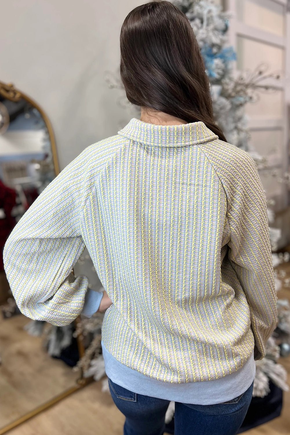 Beau Blue Striped Henley Collar Textured Sweatshirt - MAD RUFFI