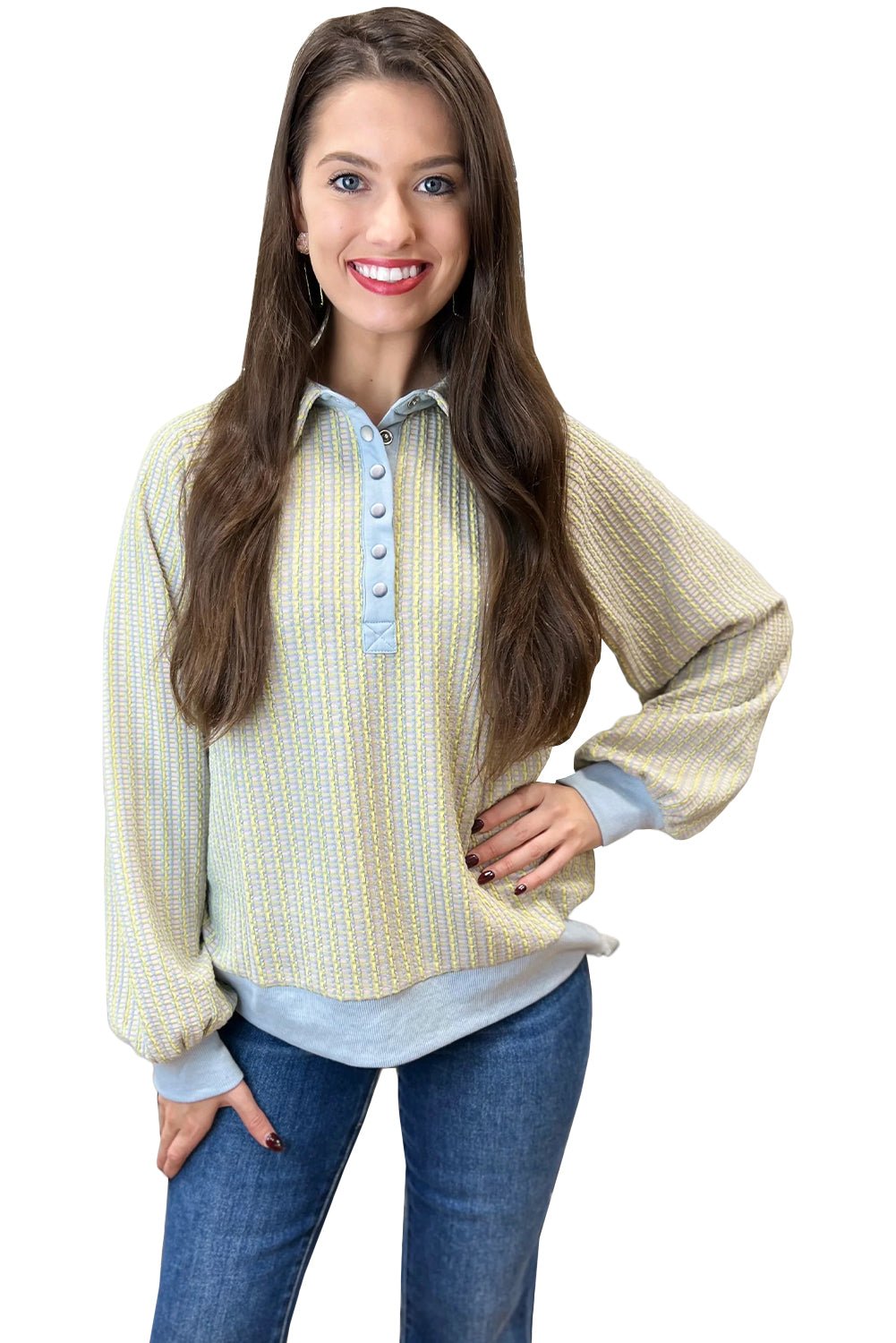 Beau Blue Striped Henley Collar Textured Sweatshirt - MAD RUFFI