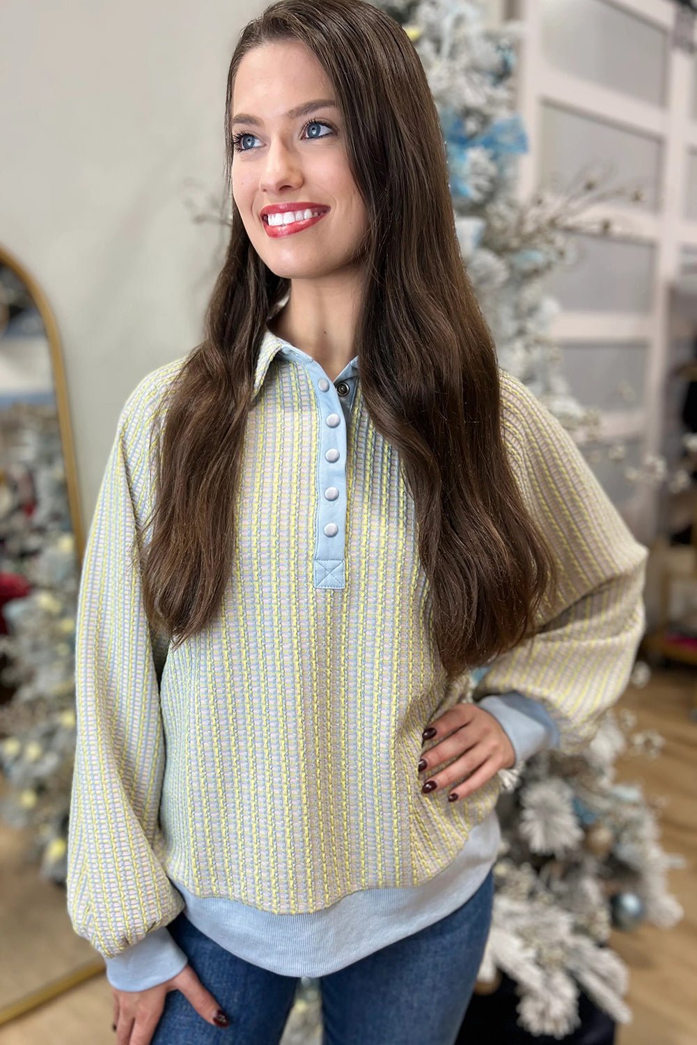 Beau Blue Striped Henley Collar Textured Sweatshirt - MAD RUFFI