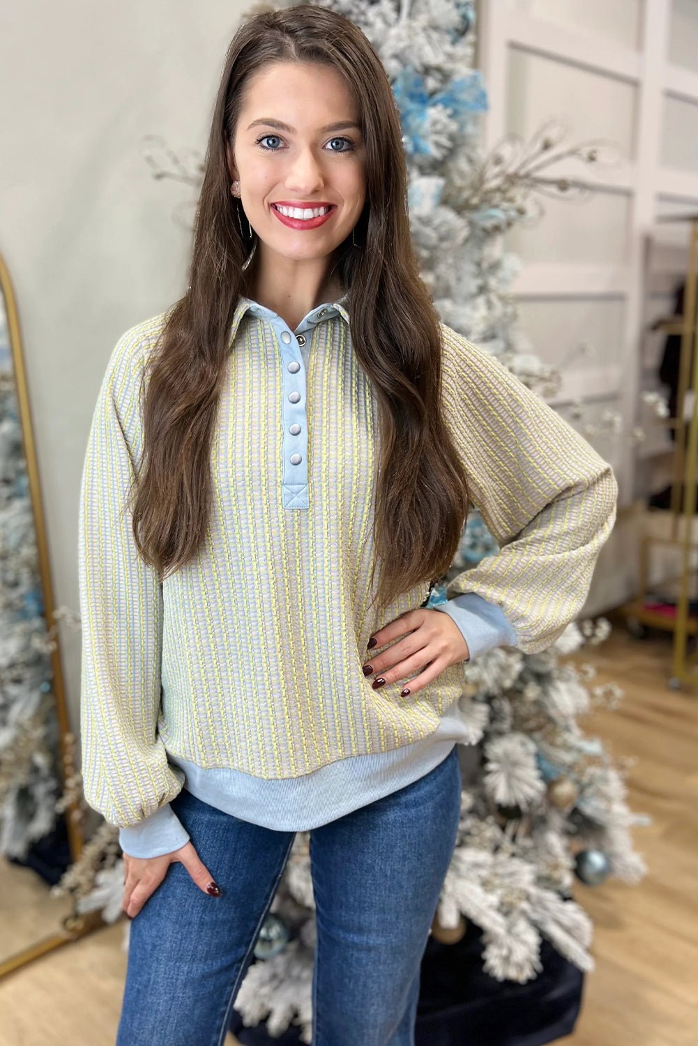 Beau Blue Striped Henley Collar Textured Sweatshirt - MAD RUFFI