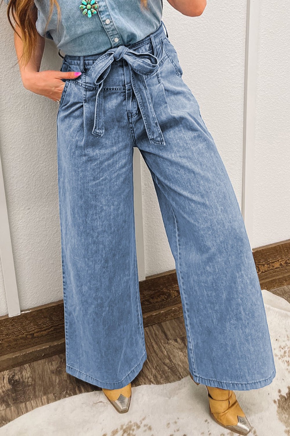 Beau Blue Vintage Washed Knot Belt Wide Leg Jeans - MAD RUFFI