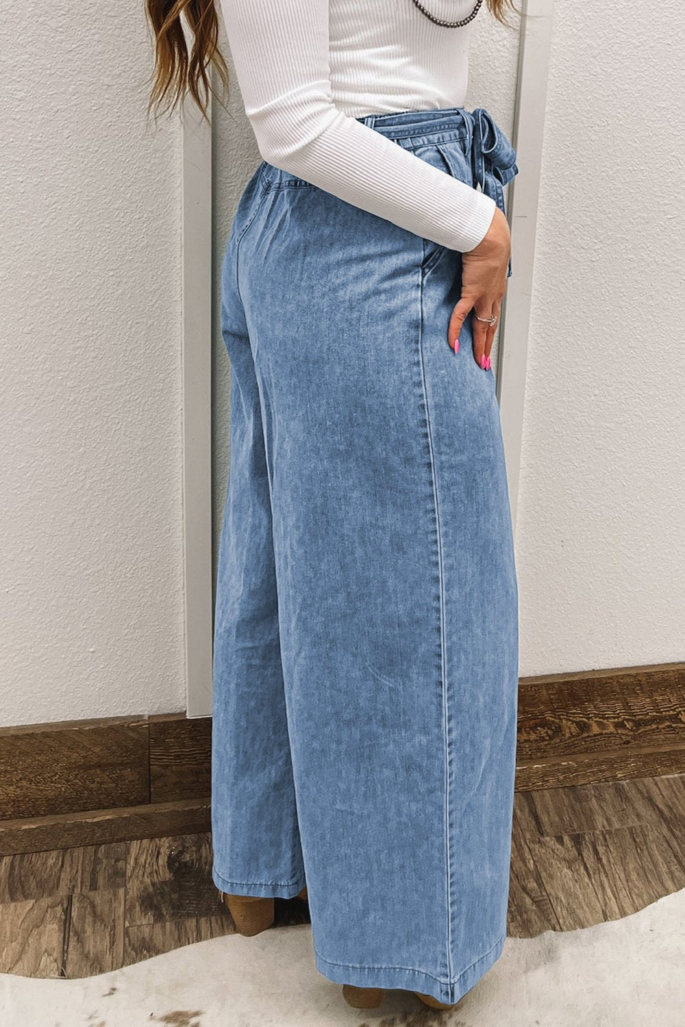 Beau Blue Vintage Washed Knot Belt Wide Leg Jeans - MAD RUFFI