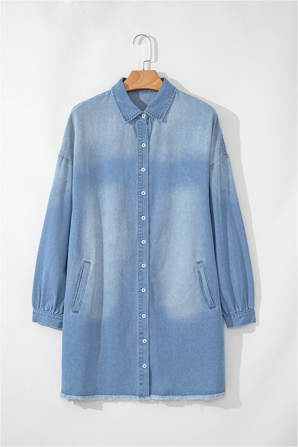 Beau Blue Washed Raw Hem Denim Shirt Dress - MAD RUFFI
