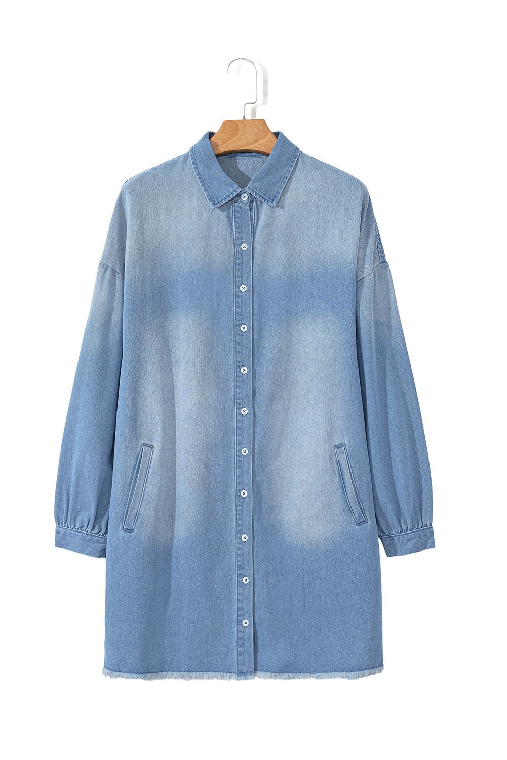 Beau Blue Washed Raw Hem Denim Shirt Dress - MAD RUFFI