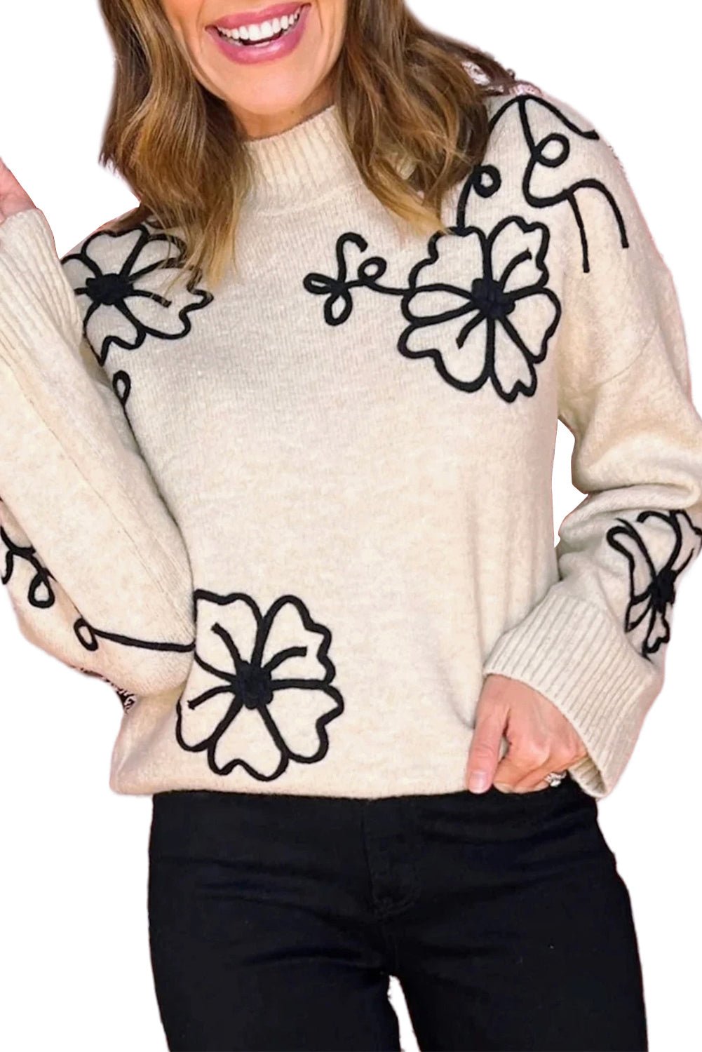 Beige 60s Flower Mock Neck Knit Sweater - MAD RUFFI