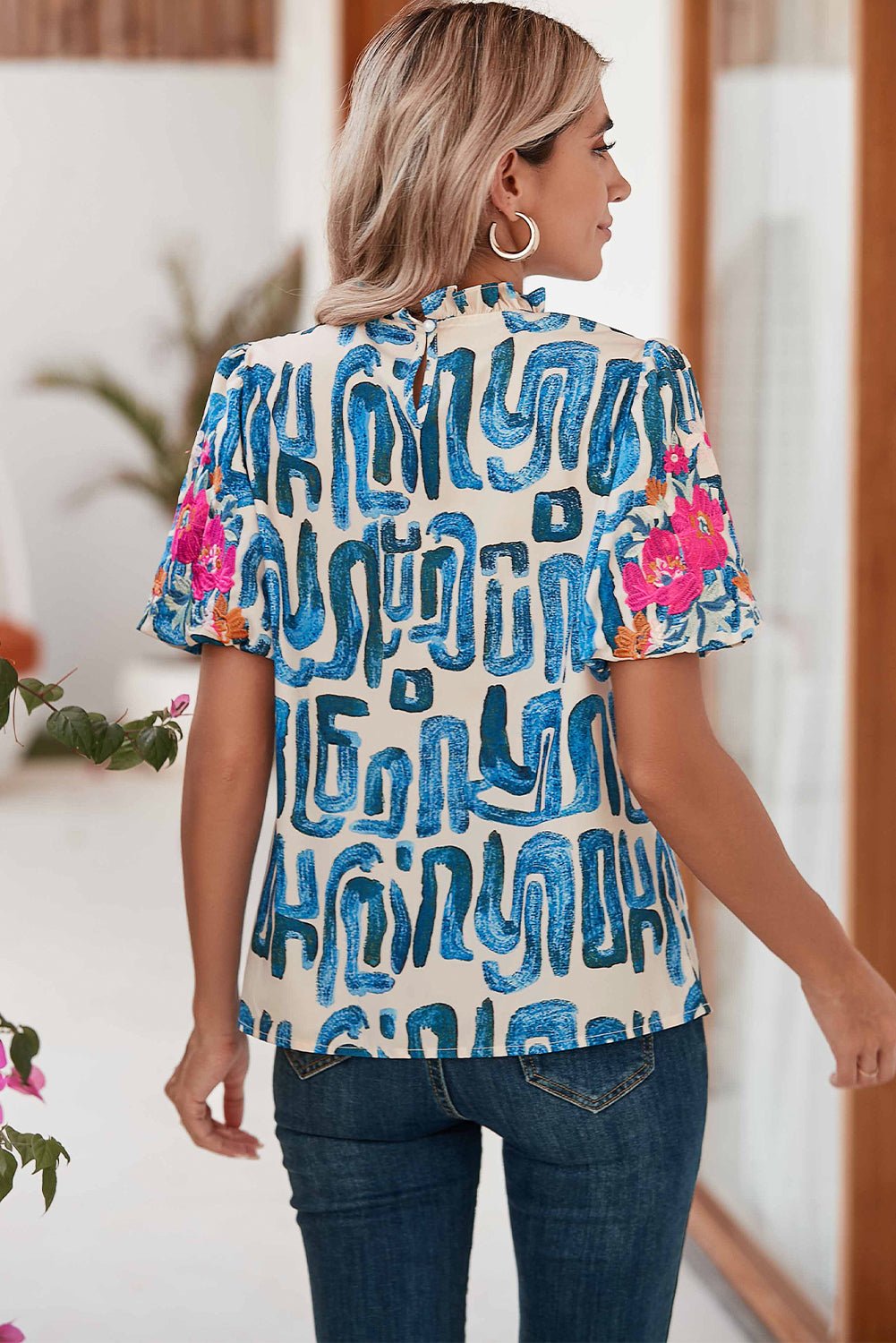 Beige Abstract Floral Print Frilled Neck Puff Sleeve Blouse - MAD RUFFI