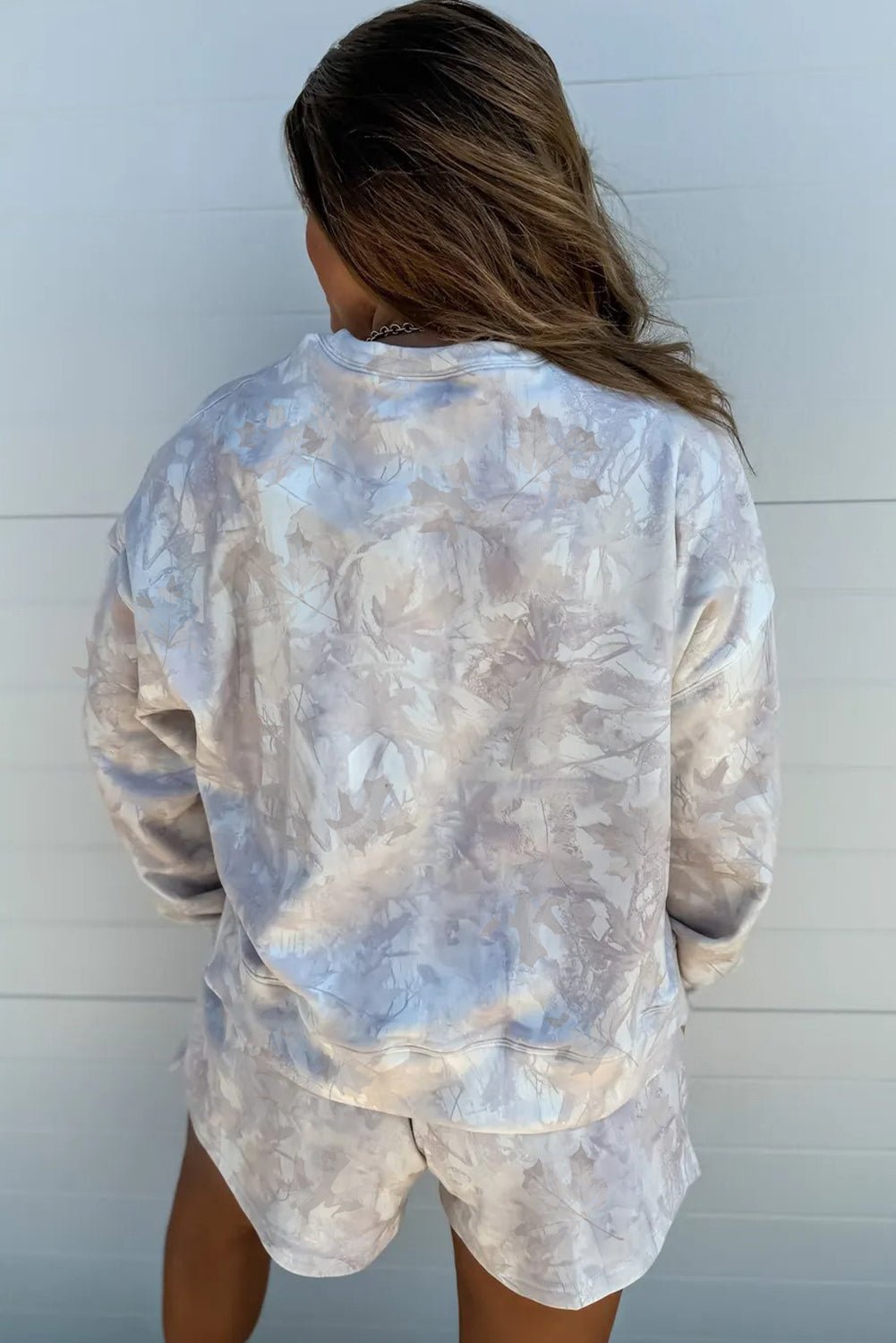 Beige Abstract Maple Leaf Print Long Sleeve Top Elastic Waist Shorts Set - MAD RUFFI