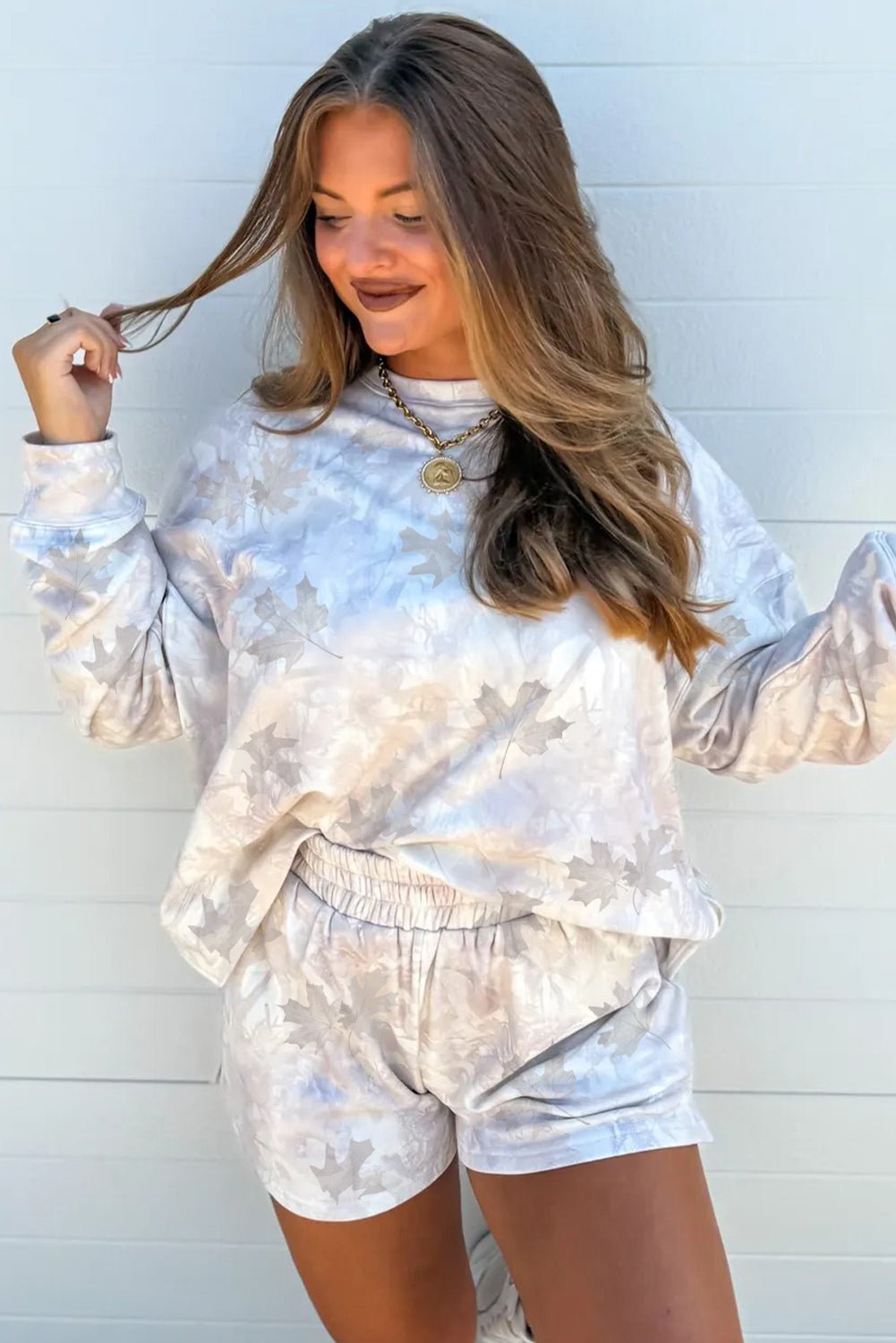 Beige Abstract Maple Leaf Print Long Sleeve Top Elastic Waist Shorts Set - MAD RUFFI