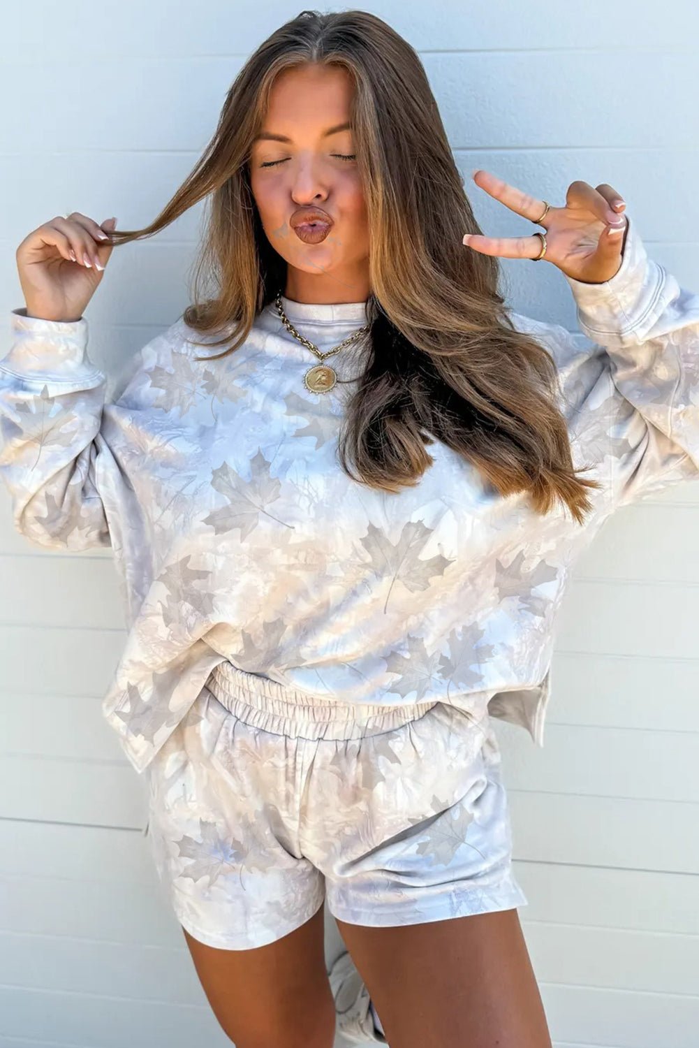 Beige Abstract Maple Leaf Print Long Sleeve Top Elastic Waist Shorts Set - MAD RUFFI