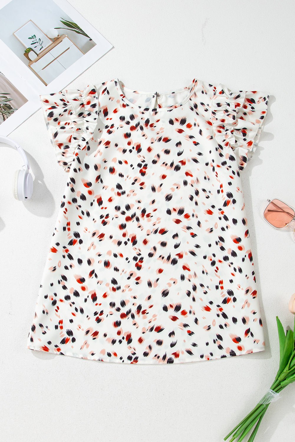 beige abstract print ruffle flutter blouse - MAD RUFFI