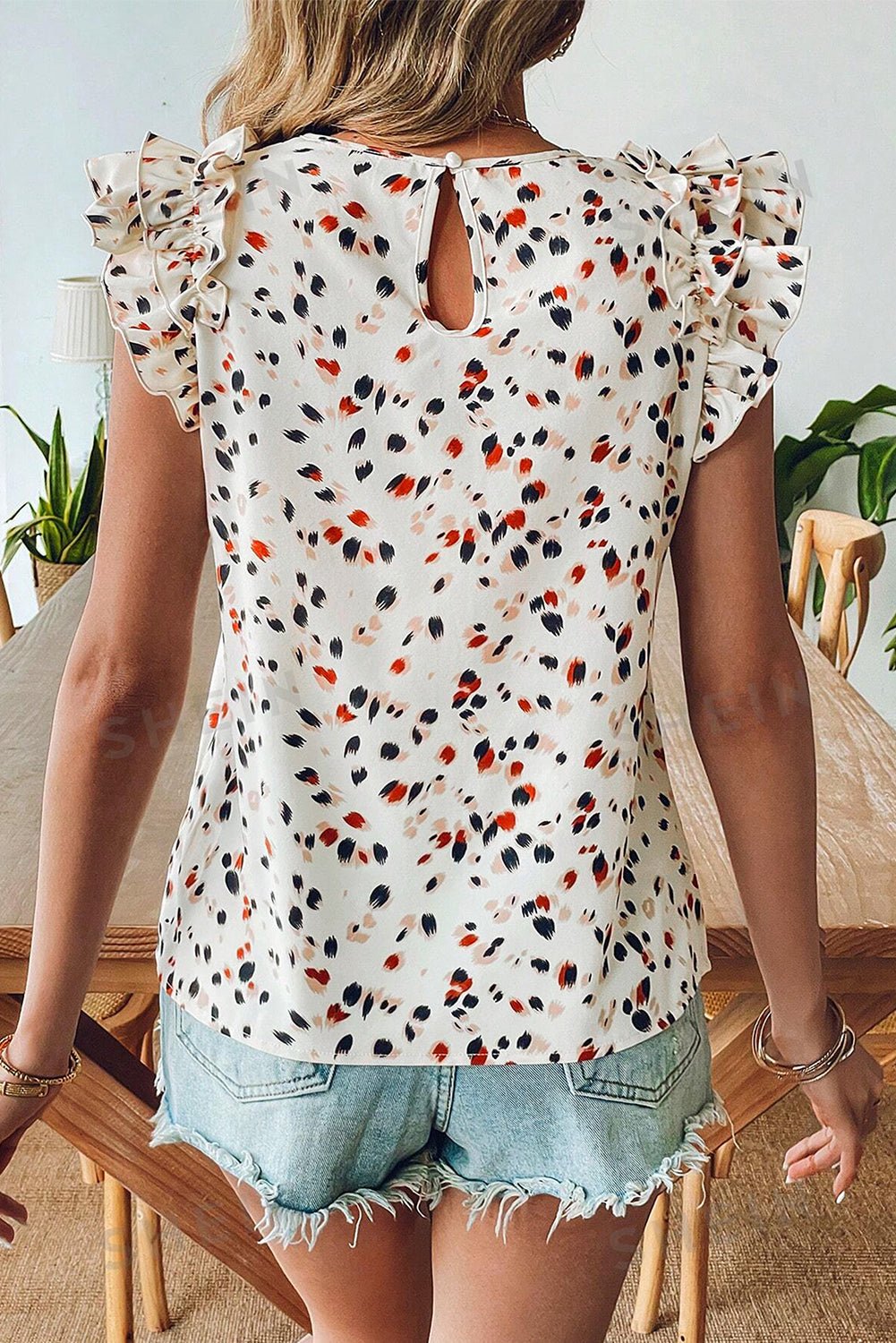 beige abstract print ruffle flutter blouse - MAD RUFFI