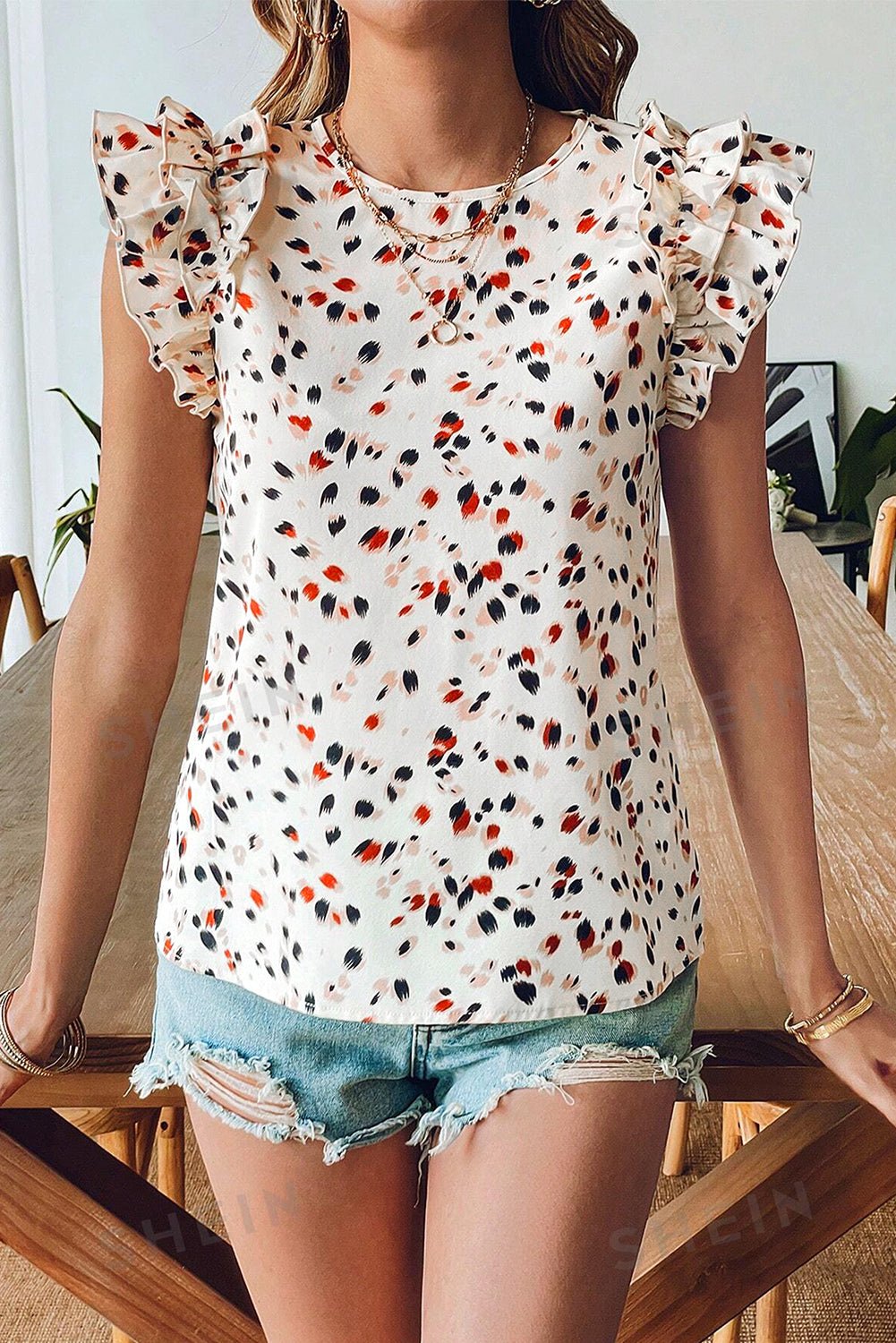 beige abstract print ruffle flutter blouse - MAD RUFFI