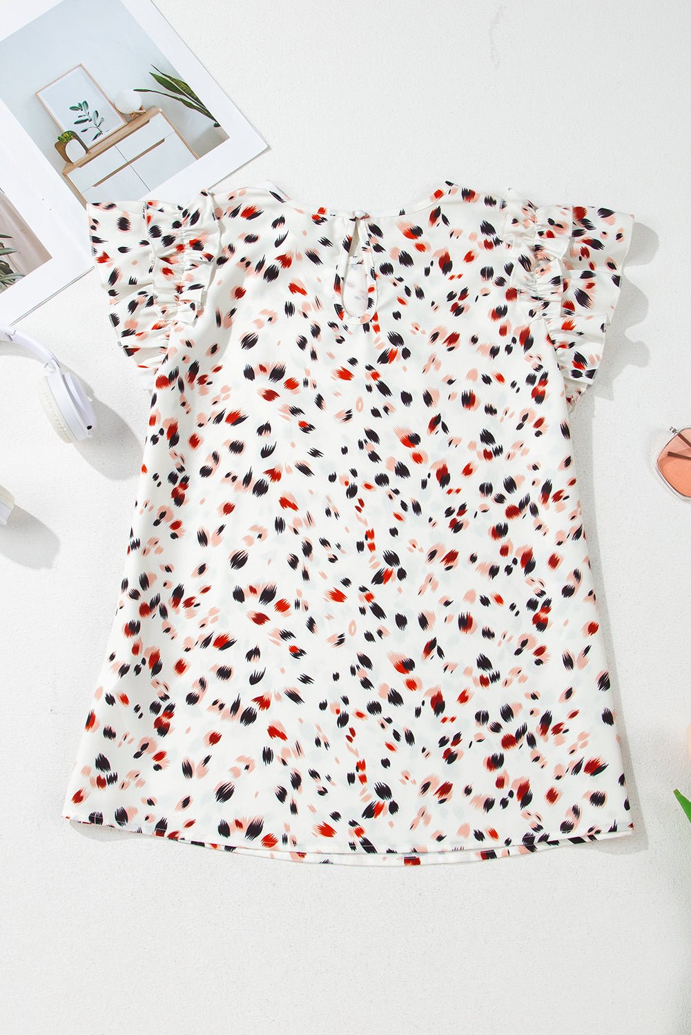 beige abstract print ruffle flutter blouse - MAD RUFFI