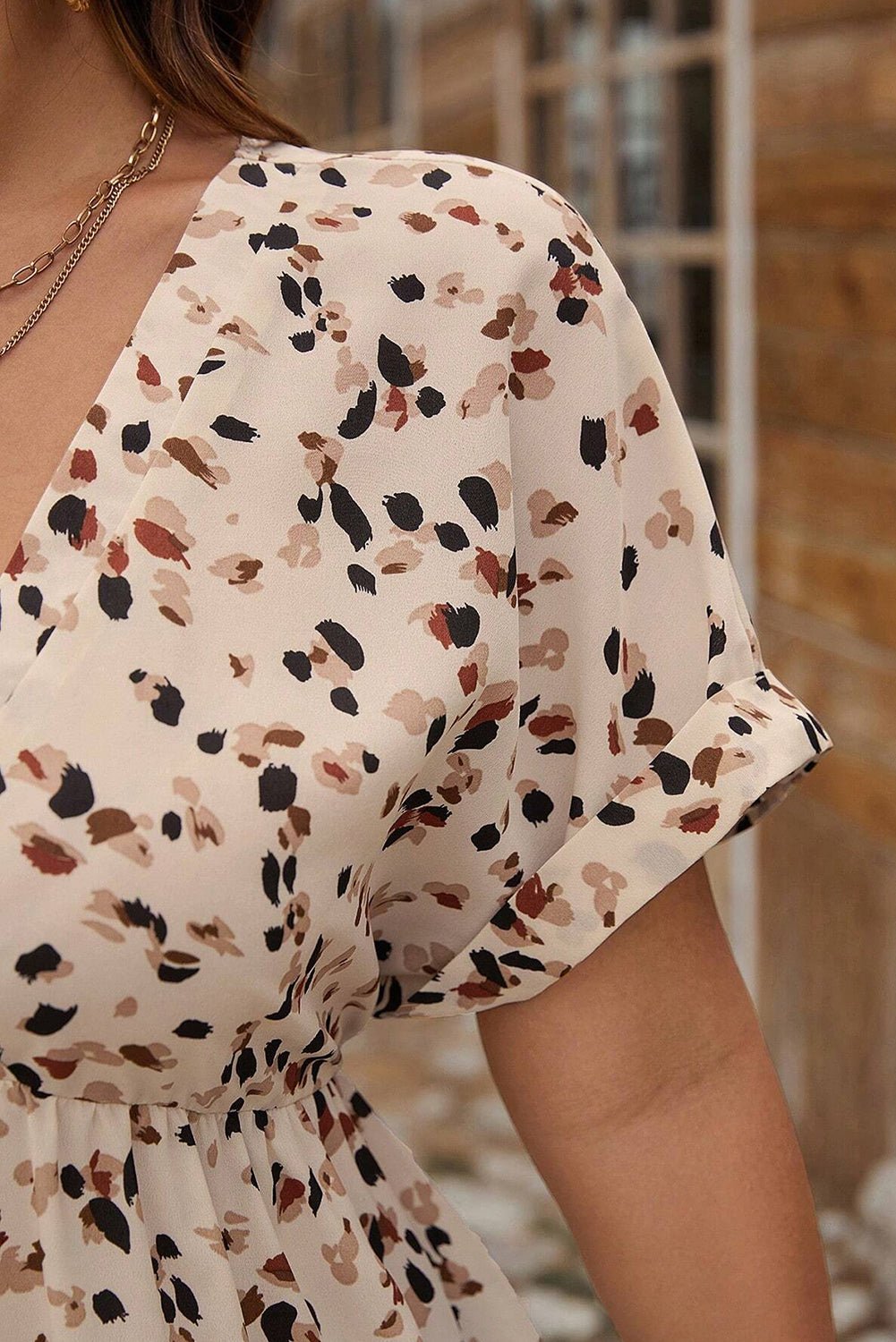 Beige Abstract Print Surplice V Neck Cuffed Sleeve Empire Waist Plus Size Dress - MAD RUFFI