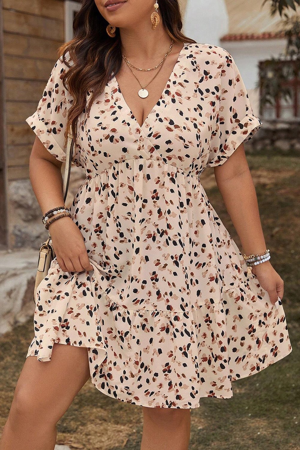 Beige Abstract Print Surplice V Neck Cuffed Sleeve Empire Waist Plus Size Dress - MAD RUFFI