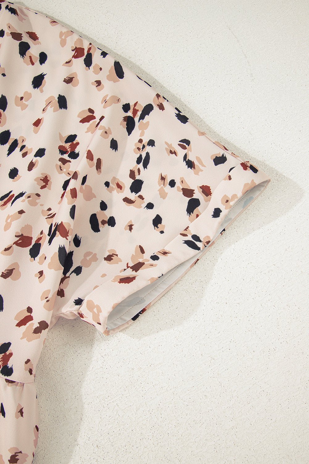 Beige Abstract Print Surplice V Neck Cuffed Sleeve Empire Waist Plus Size Dress - MAD RUFFI