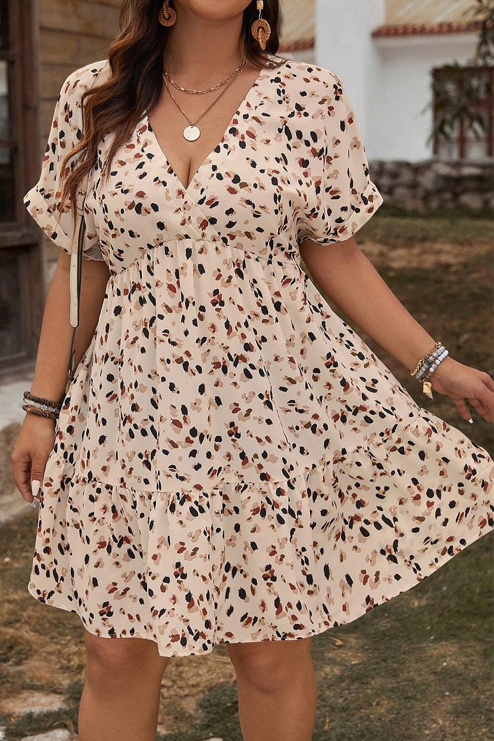 Beige Abstract Print Surplice V Neck Cuffed Sleeve Empire Waist Plus Size Dress - MAD RUFFI