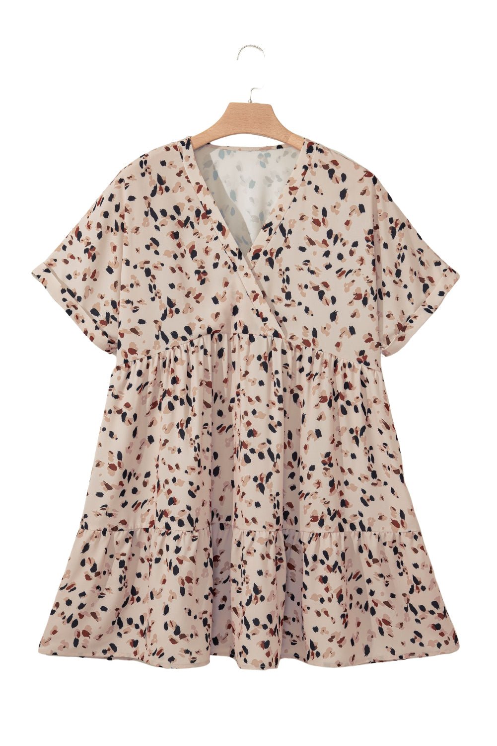 Beige Abstract Print Surplice V Neck Cuffed Sleeve Empire Waist Plus Size Dress - MAD RUFFI