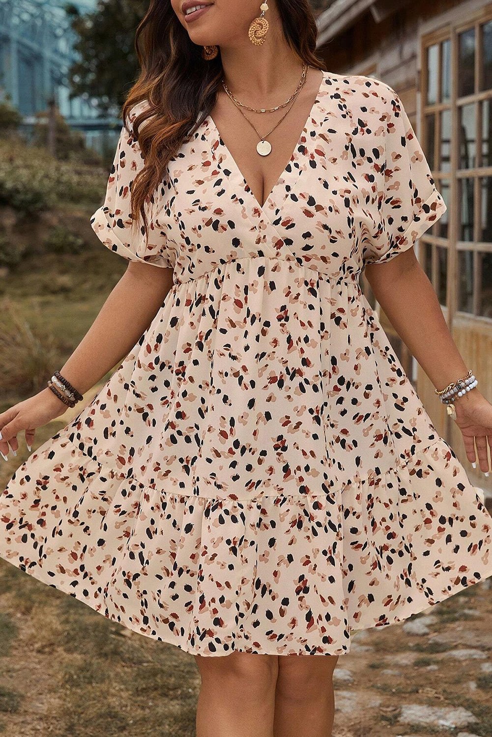 Beige Abstract Print Surplice V Neck Cuffed Sleeve Empire Waist Plus Size Dress - MAD RUFFI