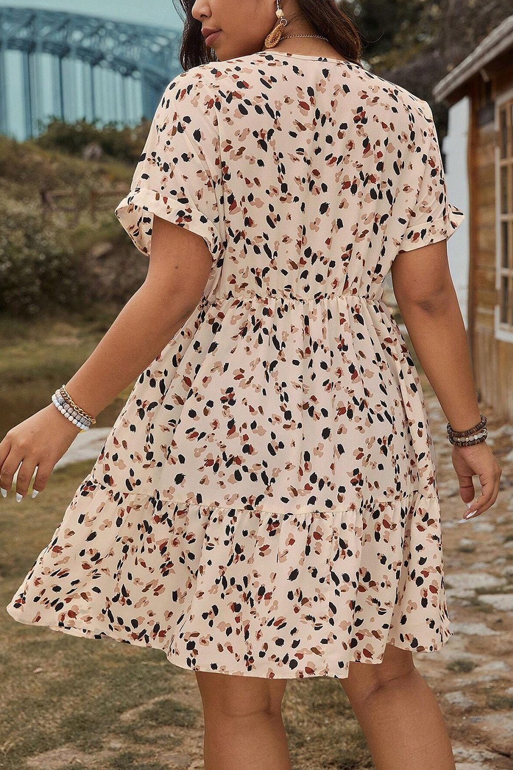 Beige Abstract Print Surplice V Neck Cuffed Sleeve Empire Waist Plus Size Dress - MAD RUFFI