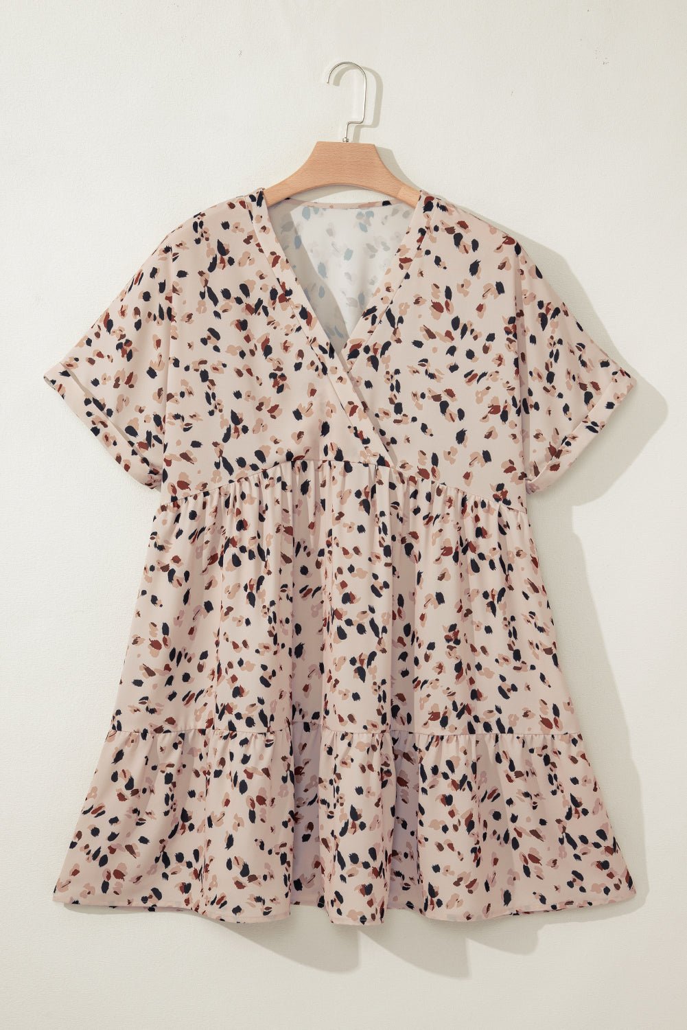 Beige Abstract Print Surplice V Neck Cuffed Sleeve Empire Waist Plus Size Dress - MAD RUFFI