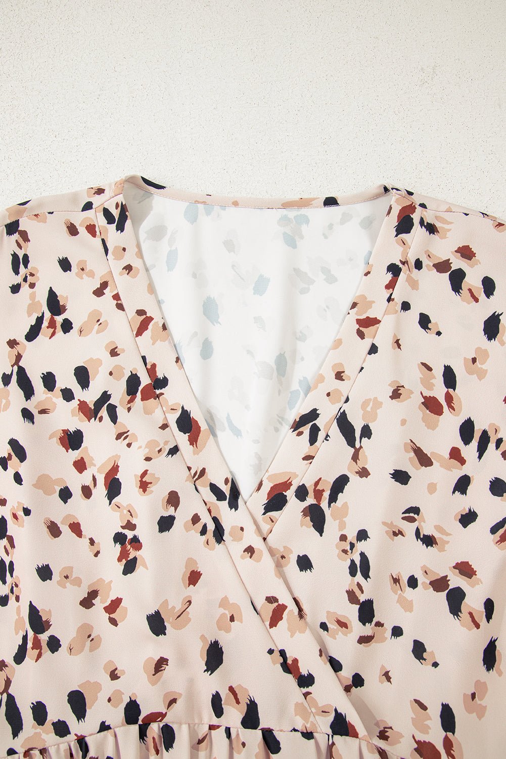 Beige Abstract Print Surplice V Neck Cuffed Sleeve Empire Waist Plus Size Dress - MAD RUFFI