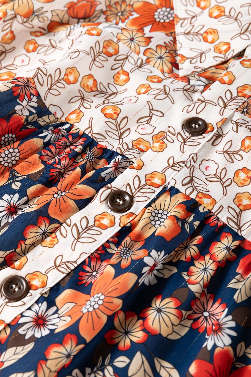 Beige Allover Floral Patchwork Plus Size Collared Mini Dress - MAD RUFFI